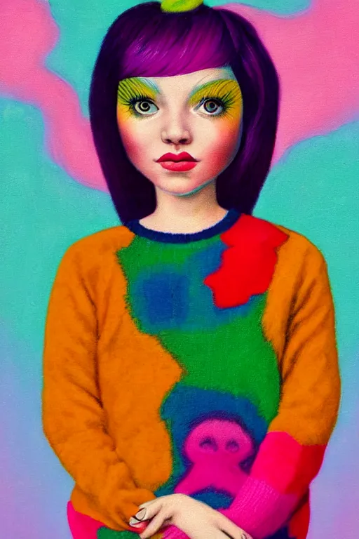 Image similar to an portrait of a girl with pink hair wearing a bright colorful retro sweater, evokes chrysalism painting by mark ryden, and lisa frank