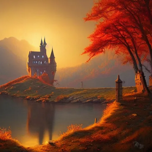 Prompt: Evil castle by Evgeny Lushpin, greg rutkowski,Dan Mumfordred,background mountains,autumn,halloween