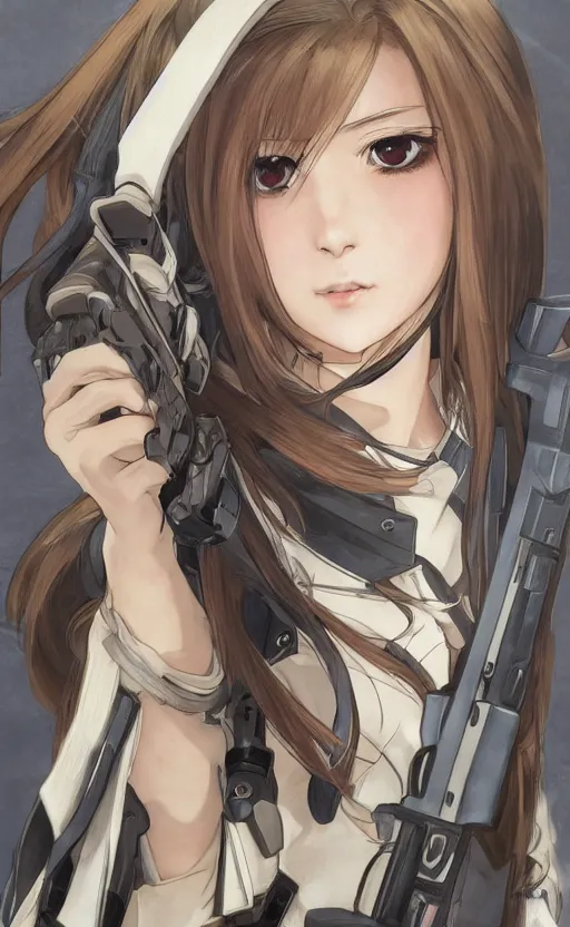 Image similar to soldier girl, trading card front, anime style, long hair, hair down, symmetrical facial features, from girls frontline, hyper realistic, pale skin, 4k, rule of thirds, extreme detail, detailed drawing, trending artstation, hd, fantasy, D&D, realistic lighting, by Alphonse Mucha, Greg Rutkowski, sharp focus, backlit, soldier clothing