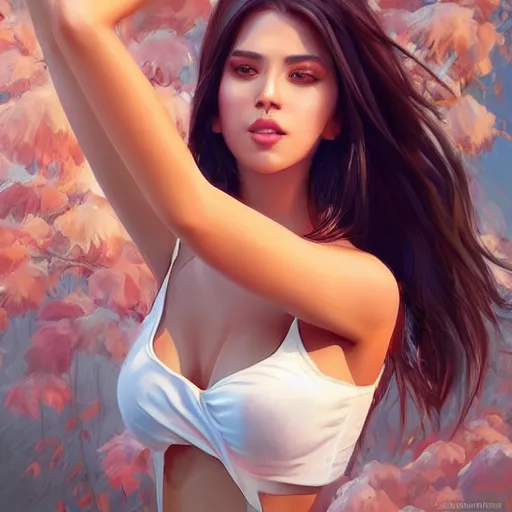 Image similar to a gourgeous female digital influencer in the style of stefan kostic, realistic, full body, sharp focus, 8 k high definition, insanely detailed, intricate, elegant, art by stanley lau and artgerm