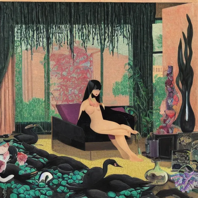 Image similar to catgirl emo art student in her lounge room, painting of flood waters inside an artist's loungeroom, a river flooding indoors, pomegranates, pigs, ikebana, water, octopus, river, rapids, waterfall, black swans, canoe, berries, acrylic on canvas, surrealist, by magritte and monet