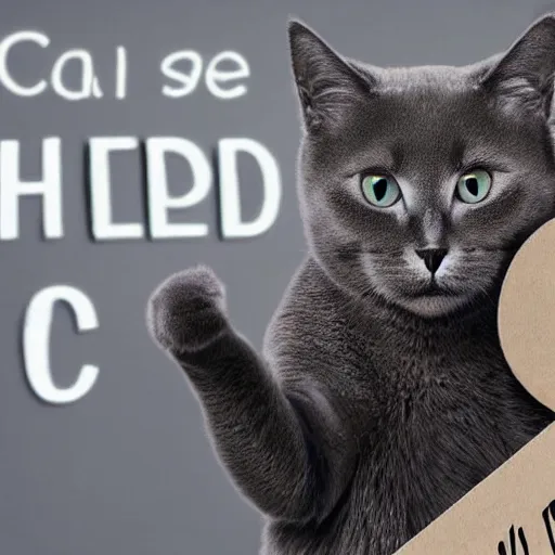 Prompt: realistic high quality photo of a cute dark grey cat and light grey cat holding a sign with text that reads : c h a d,