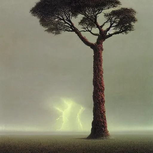 Prompt: thunderstorm hitting tree made by zdzisław beksinski