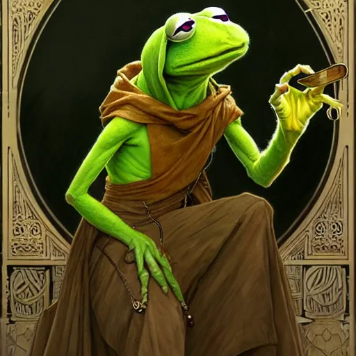 Prompt: full portrait of kermit the frog in the matrix, fantasy, d & d, intricate, detailed, by by alphonse mucha, adolfo hohenstein, alice russell glenny, stanley artgerm lau, greg rutkowski, detailed, trending on artstation, trending on artstation, smooth