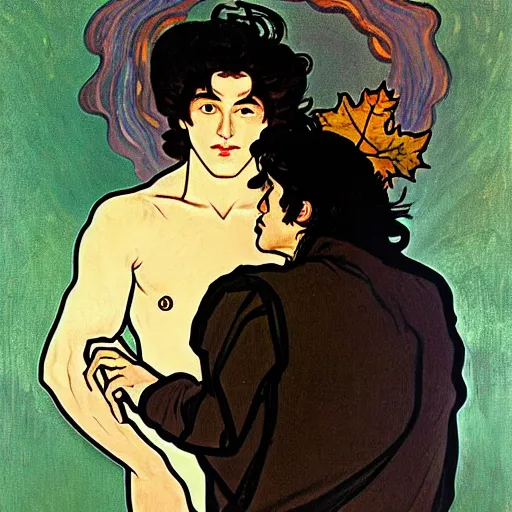 Image similar to painting of young handsome beautiful dark medium wavy hair man in his 2 0 s named shadow taehyung and cute handsome beautiful min - jun together at the halloween witchcraft party, bubbling cauldron, casting spells, autumn colors, elegant, ritual, stylized, soft facial features, delicate facial features, art by alphonse mucha, vincent van gogh, egon schiele