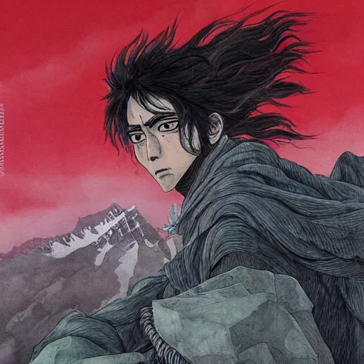 Prompt: painting of a lonesome warrior at the peak of himalayas, style of kentaro miura and conrad roset