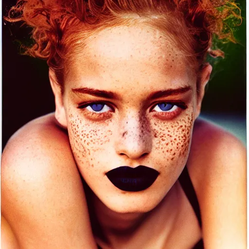 Image similar to a beautiful professional photograph by herb ritts and ellen von unwerth for vogue magazine of a beautiful lightly freckled and unusually attractive female fashion model looking at the camera in a flirtatious way, zeiss 5 0 mm f 1. 8 lens