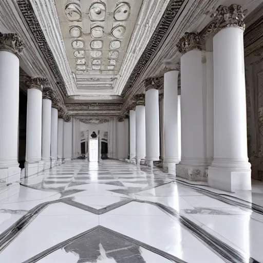 Image similar to grand empty marble museum, architecture, high ceiling, white walls, white floor, ivory, grand lighting, fantasy, ultra - realistic, big halls, ornate