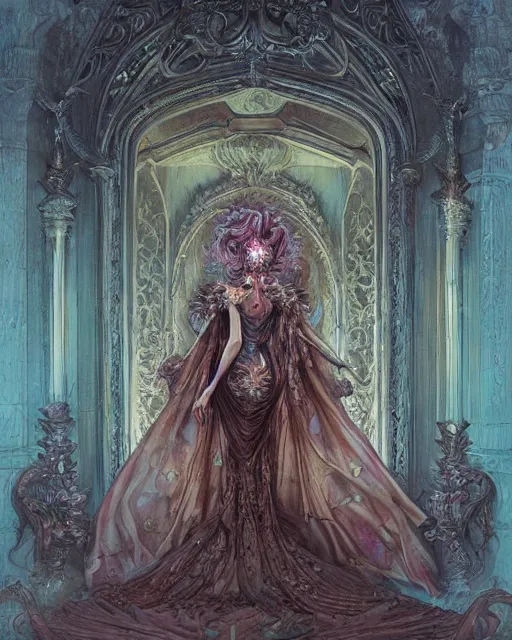 Prompt: a beautiful detailed front view of a dead rotten princess dressed in ornate baroque, ornamentation, elegant, beautifully soft lit, by wayne barlowe, peter mohrbacher, kelly mckernan