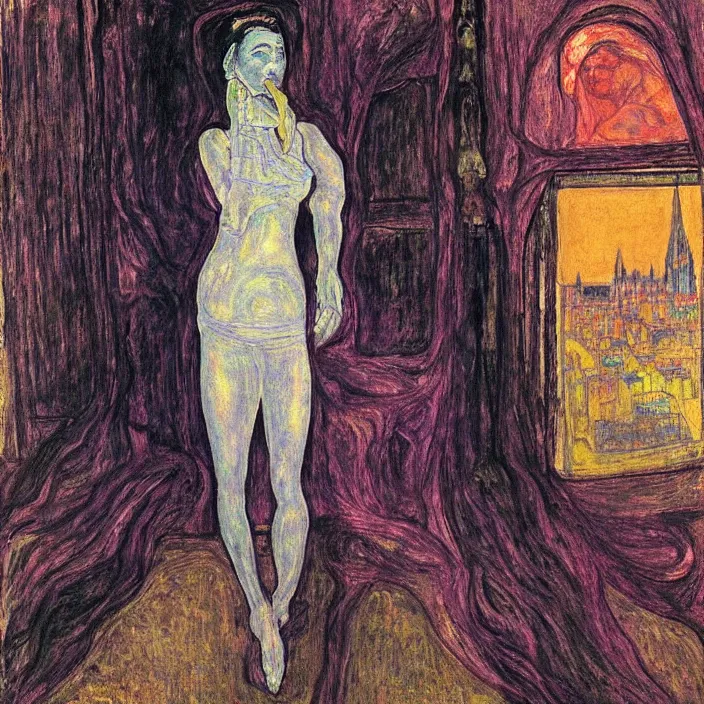 Image similar to woman in transparent vaporous night gown with demonic luminescent white apparition, with city with gothic cathedral seen from a window frame with curtains. nighe, vivid iridescent psychedelic colors, lamps. munch, egon schiele, bosch, bonnard, henri de toulouse - lautrec, utamaro, monet, agnes pelton