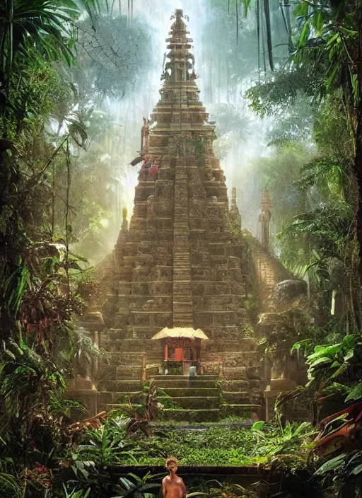 Prompt: 8 k concept art from a hindu temple lost in the jungle by david mattingly and samuel araya and michael whelan and dave mckean and richard corben. realistic matte painting with photorealistic hdr volumetric lighting. composition and layout inspired by gregory crewdson.