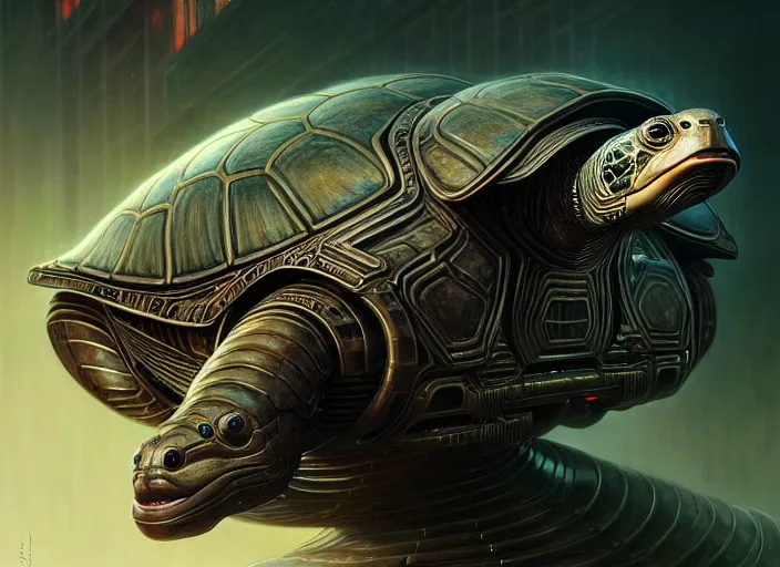 Prompt: portrait shot of robot turtle in bladerunner, intricate, elegant, highly detailed, centered, digital painting, artstation, concept art, smooth, sharp focus, illustration, artgerm, tomasz alen kopera, peter mohrbacher, donato giancola, joseph christian leyendecker, wlop, boris vallejo