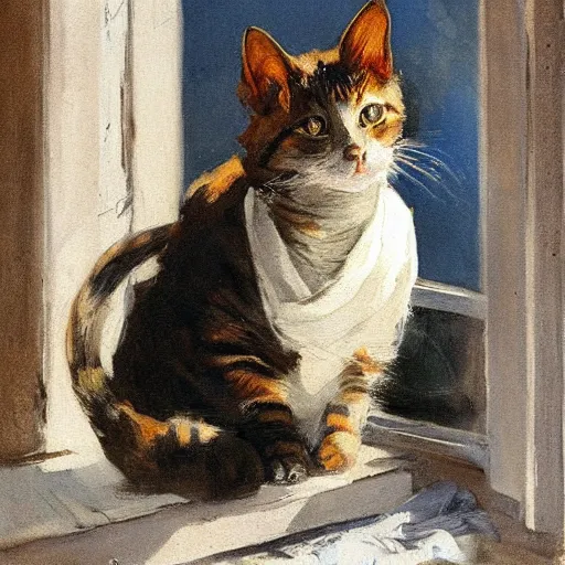 Image similar to a cat in the window smoking a cigarette with the sun shining, by anders zorn, oil painting