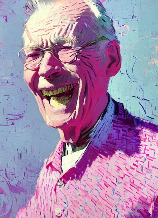 Image similar to portrait of a beautiful old man, smiling, ecstatic, dancing, eyes closed, open mouth, shades of pink and blue, beautiful face, rule of thirds, intricate outfit, spotlight, by greg rutkowski, by jeremy mann, by francoise nielly, by van gogh, digital painting