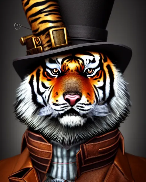 Image similar to steampunk male tiger portrait, handsome, steampunk hat, detective coat, steampunk monocle, complex 3 d render by ilya kuvshinov, peter mohrbacher, greg rutkowski, ryohei hase, dramatic lighting, intricate, highly detailed, sharp focus, luminous, unreal engine, blender, artstation, masterpiece, ray tracing