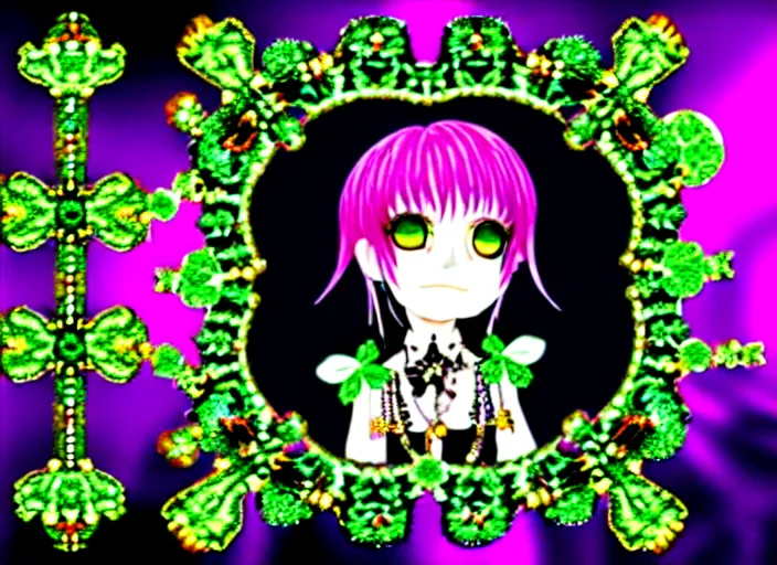 Image similar to baroque bedazzled gothic royalty frames surrounding a hologram of decora styled green haired yotsuba koiwai wearing a gothic spiked jacket, background full of lucky clovers, crosses, and shinning stars, holography, irridescent