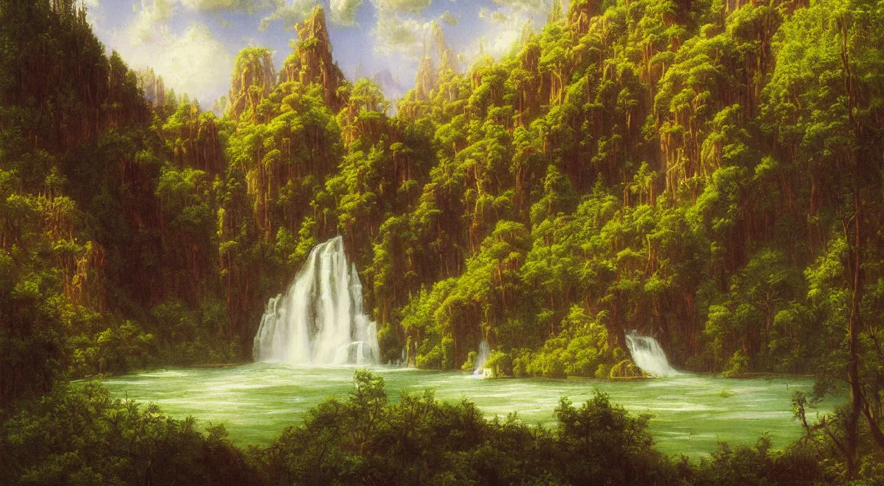 Prompt: Rivendell painted in the style of Albert Bierstadt, oil painting, wide angle, highly detailed