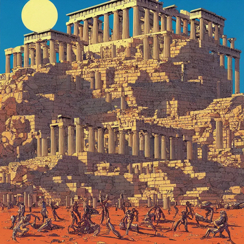 Prompt: a painting of a acropolis with cyborgs, by moebius, jean giraud & kilian eng