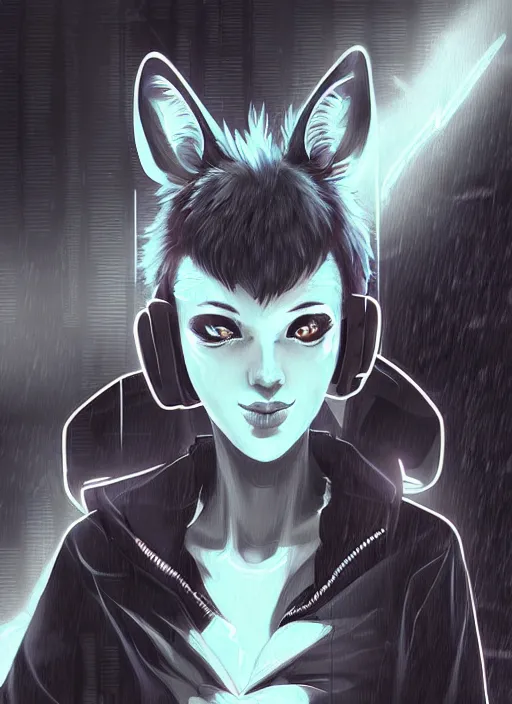 Image similar to beautiful portrait commission of a female furry anthro hyena fursona wearing a police uniform. Cyberpunk city at night in the rain. Neon light. Atmospheric. Character design by charlie bowater, ross tran, artgerm, and makoto shinkai, detailed, inked, western comic book art