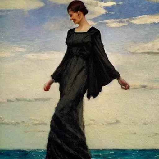 Image similar to woman in black dress, sea behind, pretty face, part dean cornwell style, part leyendecker style,