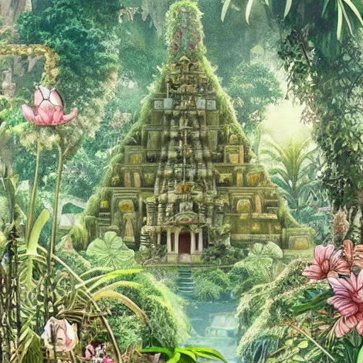 Prompt: a lost city in the jungle, super ornate and intricate, tiny details, cute, fairy style, studio ghibli, miyazaki,