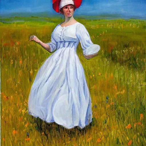 Image similar to pioneer lady in a meadow, prairie dress and bonnet, portrait, oil