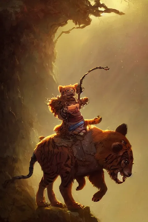 Image similar to migty bear wearing a cape, a gypsy riding a tiger, tiny, small, miniature , animal, short, adorable, pretty, beautiful, DnD character art portrait, matte fantasy painting, DeviantArt Artstation, by Jason Felix by Steve Argyle by Tyler Jacobson by Peter Mohrbacher, cinematic lighting