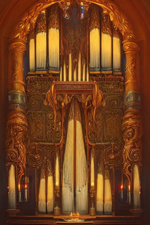 Image similar to painting of a pipe organ in front of a dimensional portal, decorated, intricate, elegant, highly detailed, digital painting, artstation, concept art, smooth, sharp focus, illustration, art by artgerm and greg rutkowski and alphonse mucha, 8 k