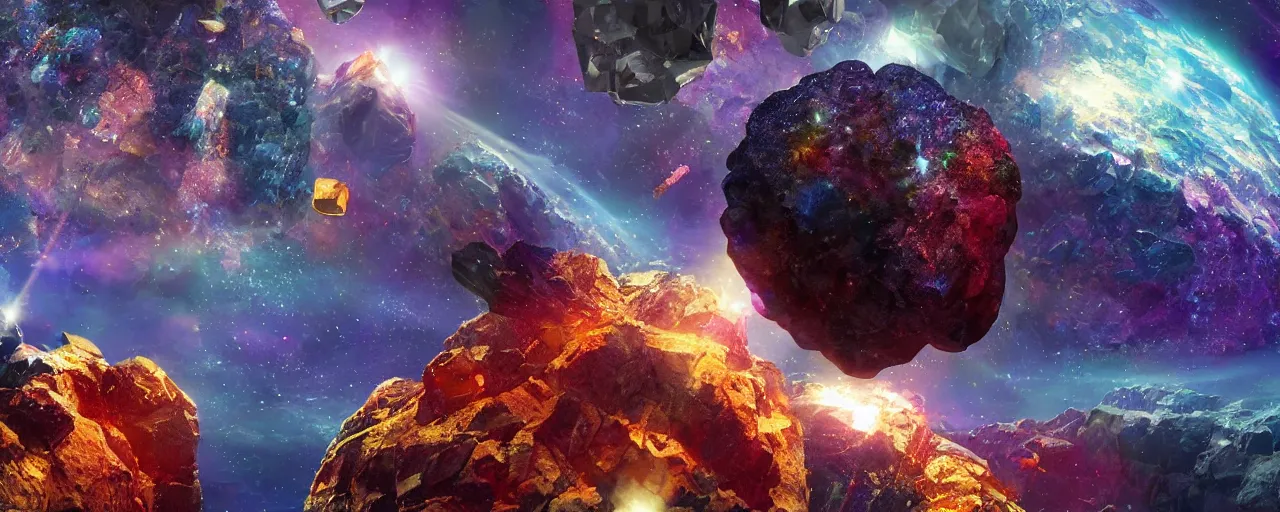 Prompt: asteroid made of shiny donald trump and crystals, [ shards, facets, by paul lehr, cinematic, detailed, epic, widescreen, opening, establishing, mattepainting, photorealistic, realistic textures, octane render ]