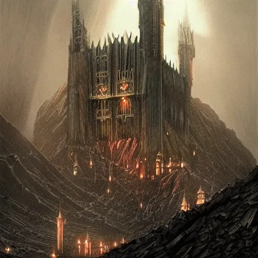 Image similar to the city of minas morgul, gloomy palace, agressive architecture, reflections, dead vegitation, atmosphere, spectacular details, dramatic lighting, epic composition, wide angle, low angle, by john howe, by alan lee, lord of the rings