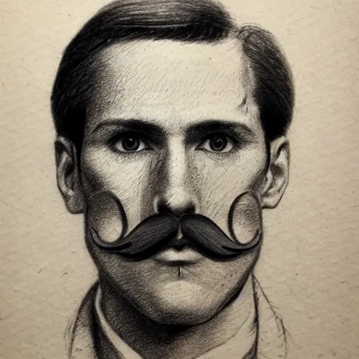 Image similar to A crosshatched portrait drawing of Jerma985 with a pyramidal mustache in the mid-late 1800s, cross haching, crosshatching, mid-late 1800s, grainy, realistic, hyperrealistic, very realistic, highly detailed, very detailed, extremely detailed, detailed, trending on artstation