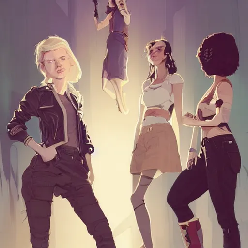 Prompt: portrait of stoic heroic blonde tomboy butch woman engineer and tall brunette goth feminine woman standing back to back by atey ghailan, by greg rutkowski, by greg tocchini, by james gilleard, by joe fenton, by kaethe butcher, dynamic lighting, gradient light blue, brown, blonde cream and white color scheme, grunge aesthetic