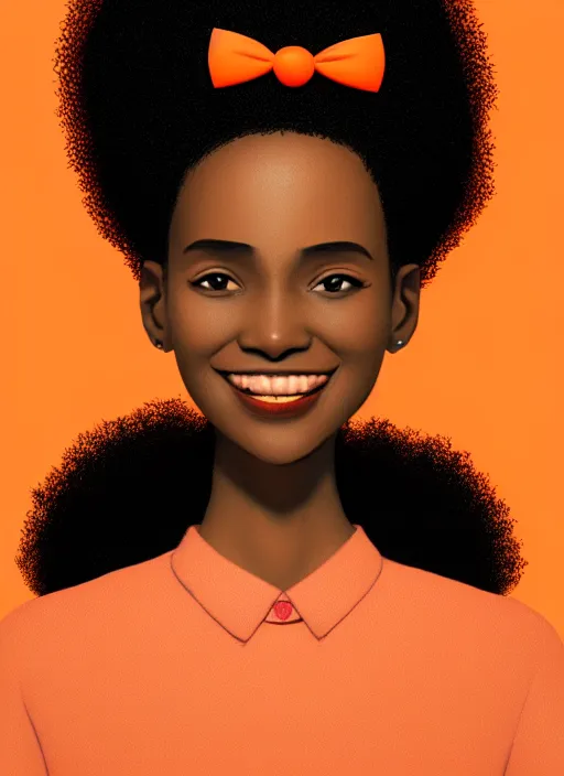 Image similar to portrait of shy black girl, realistic, natural hair, afro puffs, pointy nose, skinny, smile, nerdy, defined jawline, big chin, orange hair bow, earrings, intricate, elegant, glowing lights, highly detailed, digital painting, artstation, sharp focus, illustration, art by wlop, mars ravelo and greg rutkowski