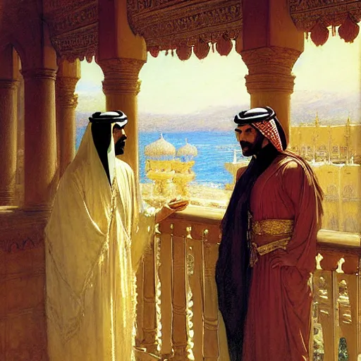 Image similar to attractive arab king confesses his love for his attractive male prince, in balcony of palace, above a river,. highly detailed painting by gaston bussiere, craig mullins, j. c. leyendecker