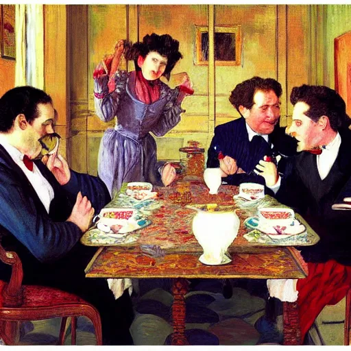 Prompt: seinfeld fancy tea party, george costanza, kramer, elaine, digital art, illustration, highly detailed, warm color scheme, soft lighting, sharp focus, gustave caillebotte, artemisia gentileschi