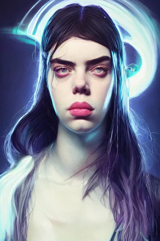 Image similar to portrait of a Billie eilish with a scaly skin and biotechnical parts and neon light by Artgerm and Greg Rutkowski , digital painting, highly detailed, trending on artstation