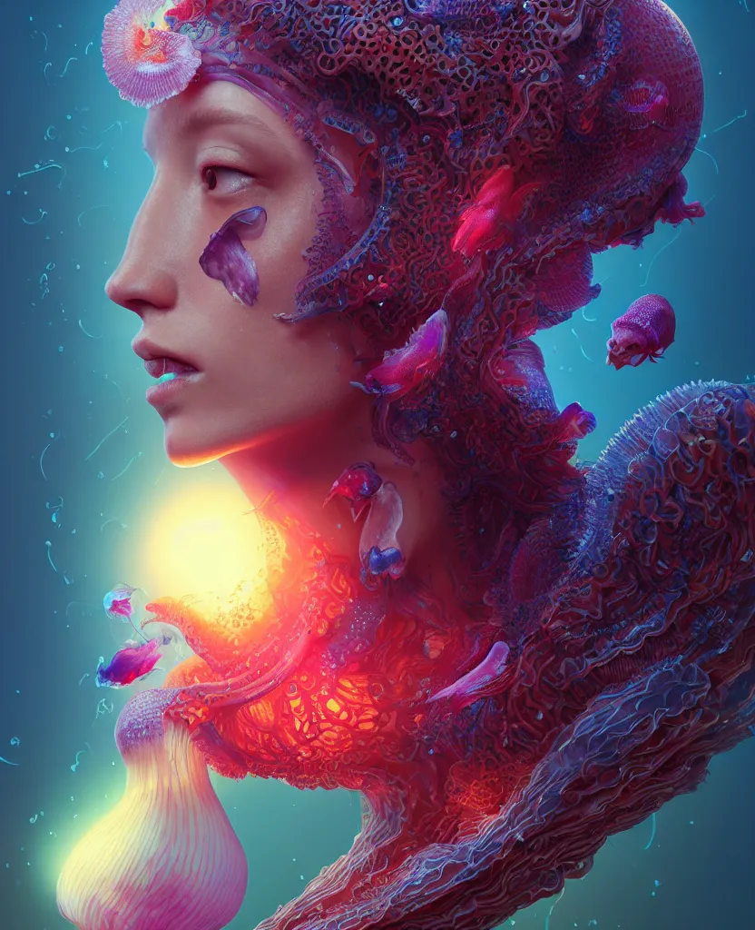 Image similar to goddess close-up portrait ribcagel. jellyfish phoenix head, nautilus, orchid, skull, betta fish, bioluminiscent creatures, intricate artwork by Tooth Wu and wlop and beeple. octane render, trending on artstation, greg rutkowski very coherent symmetrical artwork. cinematic, hyper realism, high detail, octane render, 8k