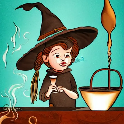 Image similar to an adorable kitchen witch brewing coffee in a cauldron, bokeh swirling steam, children's book illustration by Tony DiTerlizzi