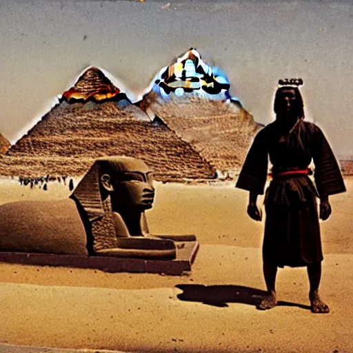 Prompt: samurai posing near the sphynx. in egypt giza. 1 8 6 3. landscape