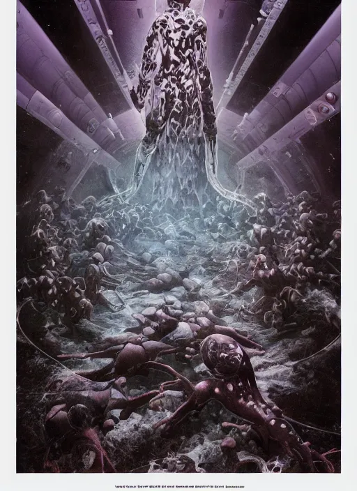 Image similar to symmetrical astronauts in dark and empty void underwater - complex and hyperdetailed technical suit. reflection and dispersion materials. rays and dispersion of light. volumetric light. 5 0 mm, f / 3 2. noise film photo. flash photography. ultra realistic, wide angle. poster by wayne barlowe, hajime sorayama aaron horkey, craig mullins