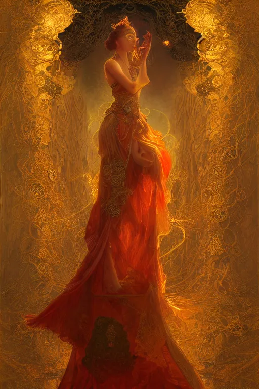 Image similar to tarot card artstation, portrait of a ghostly love dancer, sunrise, baroque ornament and rococo ornament, ancient chinese ornate, hyperdetailed, beautiful lighting, craig mullins, mucha, klimt, yoshitaka amano, red and gold and orange color palette