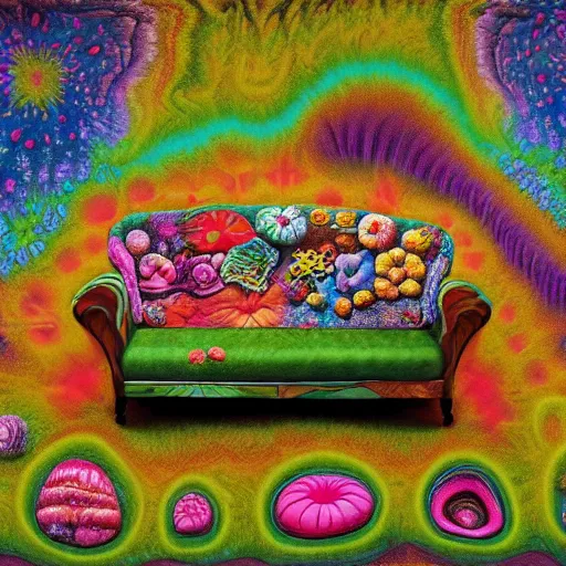 Image similar to psychedelic trippy couch in forest, planets, flowers, mushrooms milky way, sofa, cartoon by giuseppe arcimboldo