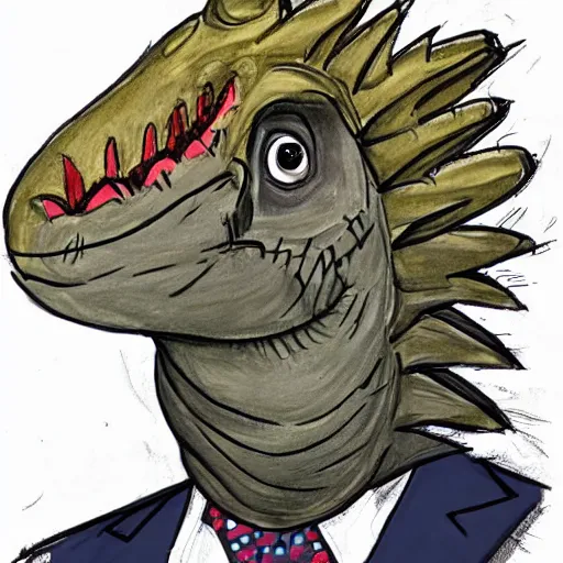 Image similar to drawing, Joe Biden dressed as a dinosaur, open-faced drawing, Joe Biden dressed as a dinosaur, open-faced