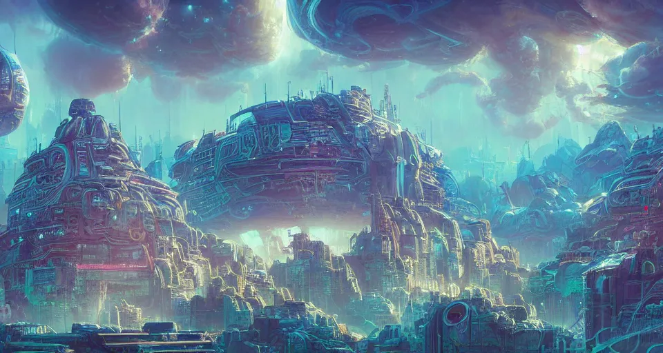 Prompt: a beautiful ultradetailed matte painting of amazingly labyrinth retrowave cyberpunk space station dwelling of the cybernetic gods, by Peter Mohrbacher and Laurie Greasley and Dan Mumford and Justin Gerard, ultra wide angle shot, highly detailed, volumetric lighting, flowing wispy cumulus clouds, octane render, 8k, ray tracing