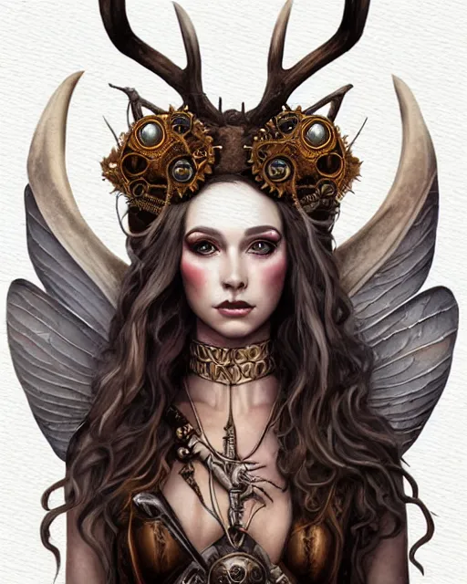 Image similar to beautiful fierce stag - headed anthropomorphic pagan druidic priestess of pentagrams with beetle wings and steampunk gun staff. noble bearing. award winning ornate symmetry matte portrait, artgerm, rhads watercolor, serenity