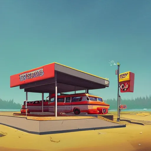 Prompt: drive - in burger restaurant by the beach by simon stalenhag