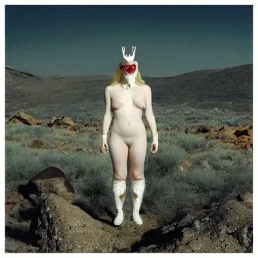 Image similar to The full body shot of beautiful pale woman with white flowers and full-face golden occult mask and antlers in a rocky desert landscape, multiple eyes by Denis Villeneuve, Lubezki, Gaspar Noe and Christopher Doyle, anamorphic lens, anamorphic lens flares, kodakchrome, cinematic composition, practical effects, award winning photo, 8k, detailed 85mm f/1.4