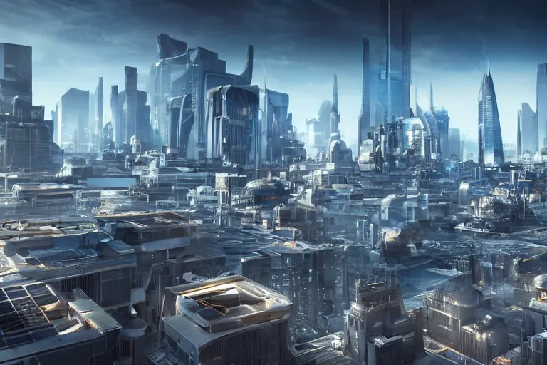 Image similar to rooftop view of a futuristic city highly detailed, photorealistic portrait, bright studio setting, studio lighting, crisp quality and light reflections, unreal engine 5 quality render