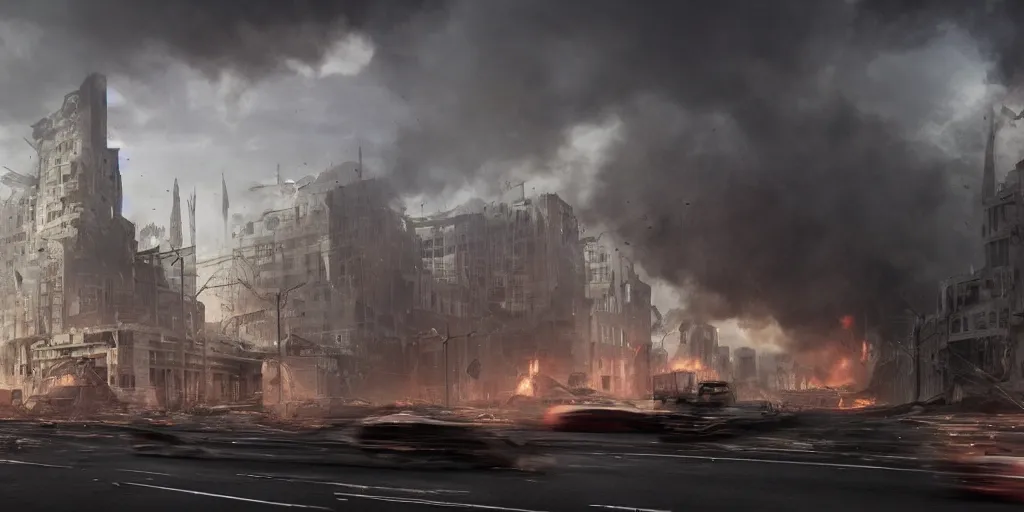 Prompt: a photo of a city after a apocalyptic war, fire from some windows, ethereal light, 15mm lens, peolple run on the street, cars crashed, tank crashed, traffic light on, train station explosion, futuristic cathedral in the center of the road, photorealistic, octane render, 4k, specular light, shallow depth of field, concept art, artstation, highly detailed, art by john salminen, ivan shishkin, kim keever, pierre pellegrini, sorayama, ash thorp