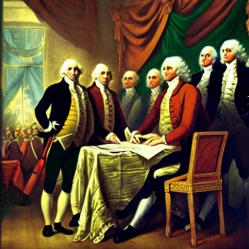 Prompt: a cheetah signing the Declaration of Independence while George Washington and Ben Franklin high five, oil on canvas